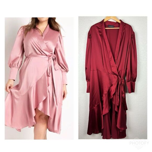 Eloquii Women’s True Wrap Dress Size‎ 26 Maroon Bishop Sleeve Flowy Girly Ruffle - Picture 1 of 13
